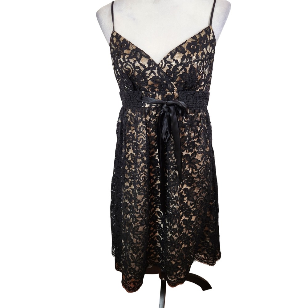 Nine West Y2K Style Sheath Dress Womens Sz 6 Black Lace Overlay Ribbon Tie Waist
